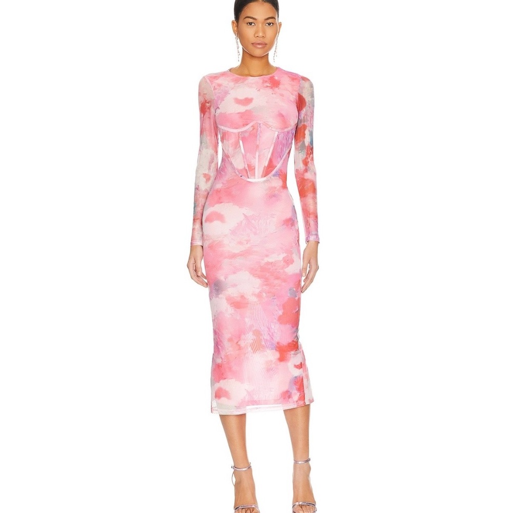 Bardot Pink Watercolor Mesh Midi Dress with Sculpted Corset